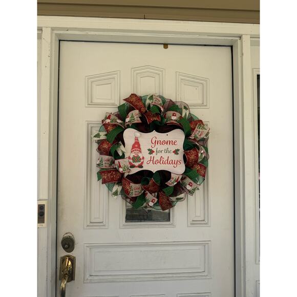 Gnome for the Holidays Christmas Wreath, Gnome Sign Green, Red, Gold Ribbons xxx - Picture 8 of 8